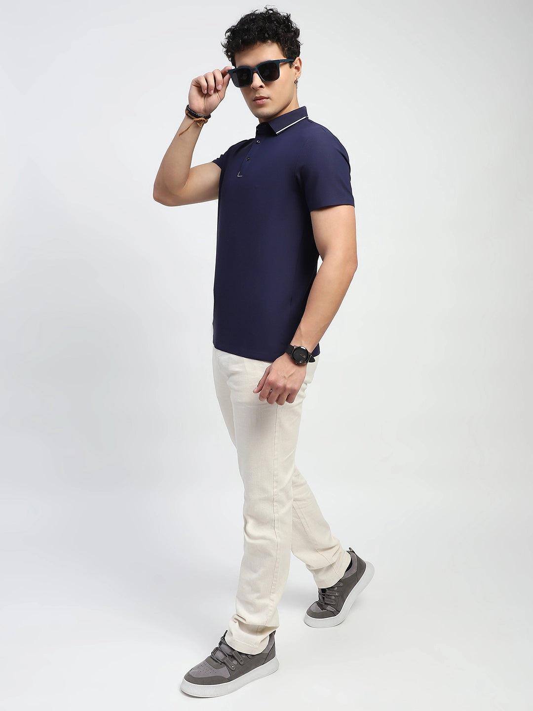 Navy Solid Nylon Polo T-Shirt - Global Republic