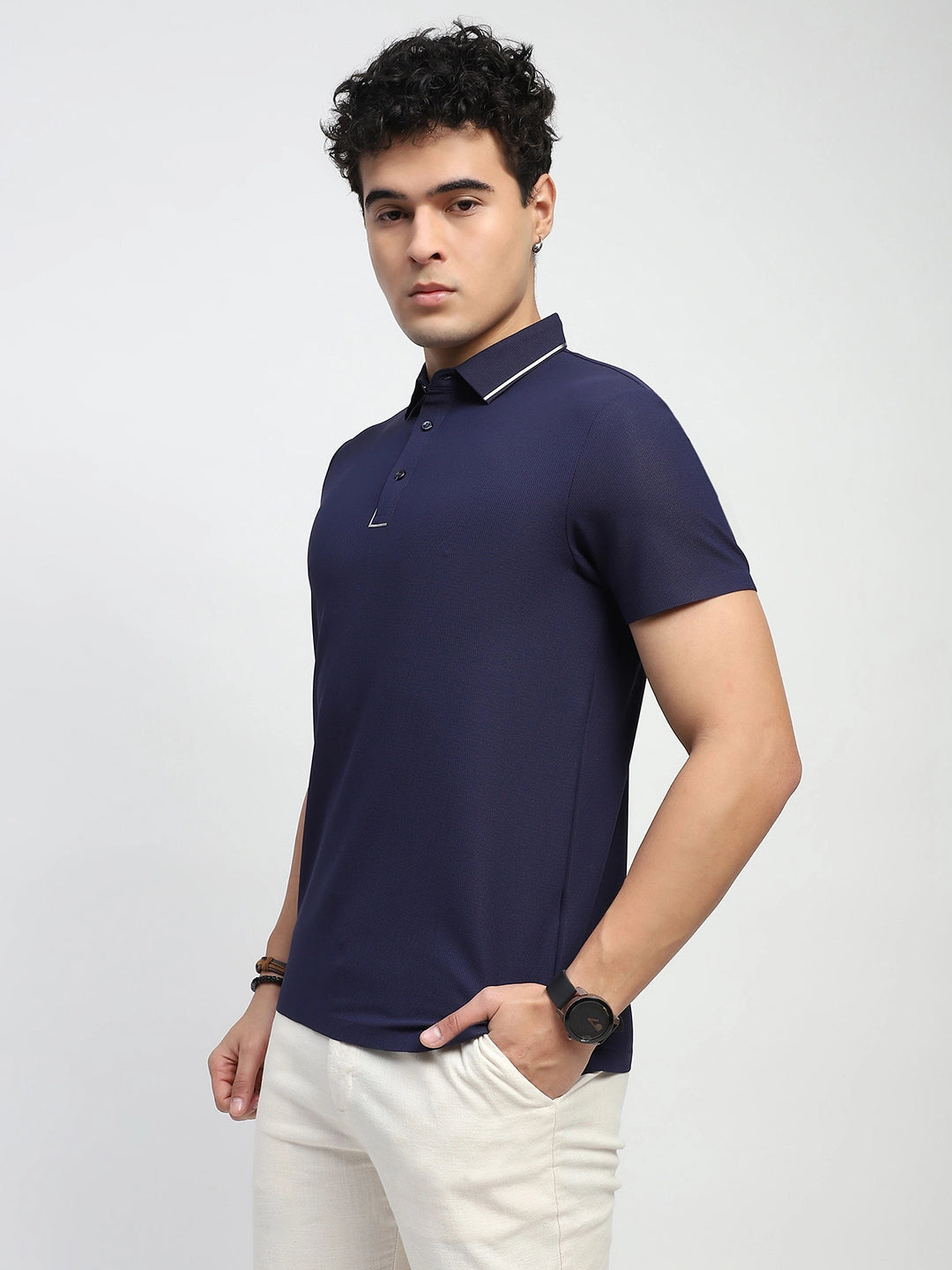 Navy Solid Nylon Polo T-Shirt - Global Republic