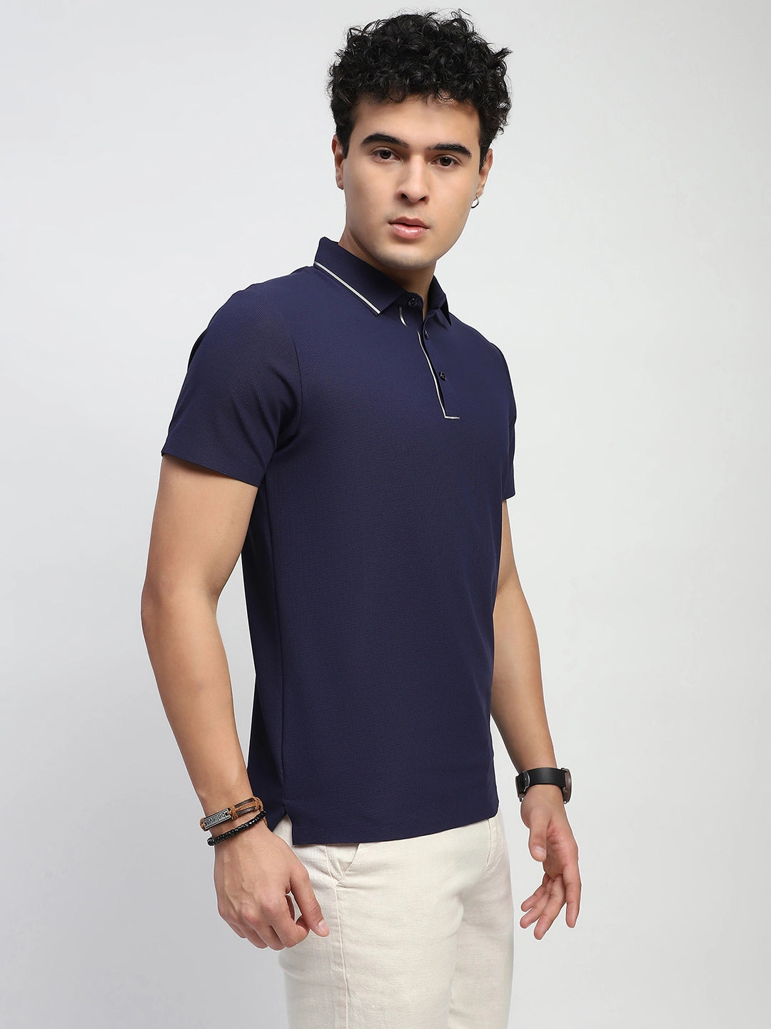Navy Solid Nylon Polo T-Shirt - Global Republic