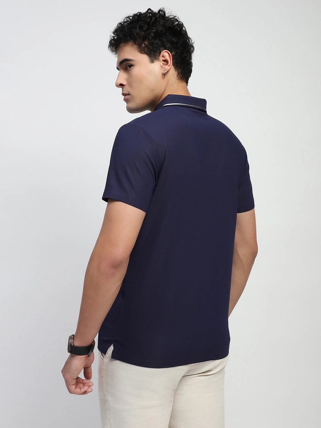 Navy Solid Nylon Polo T-Shirt - Global Republic