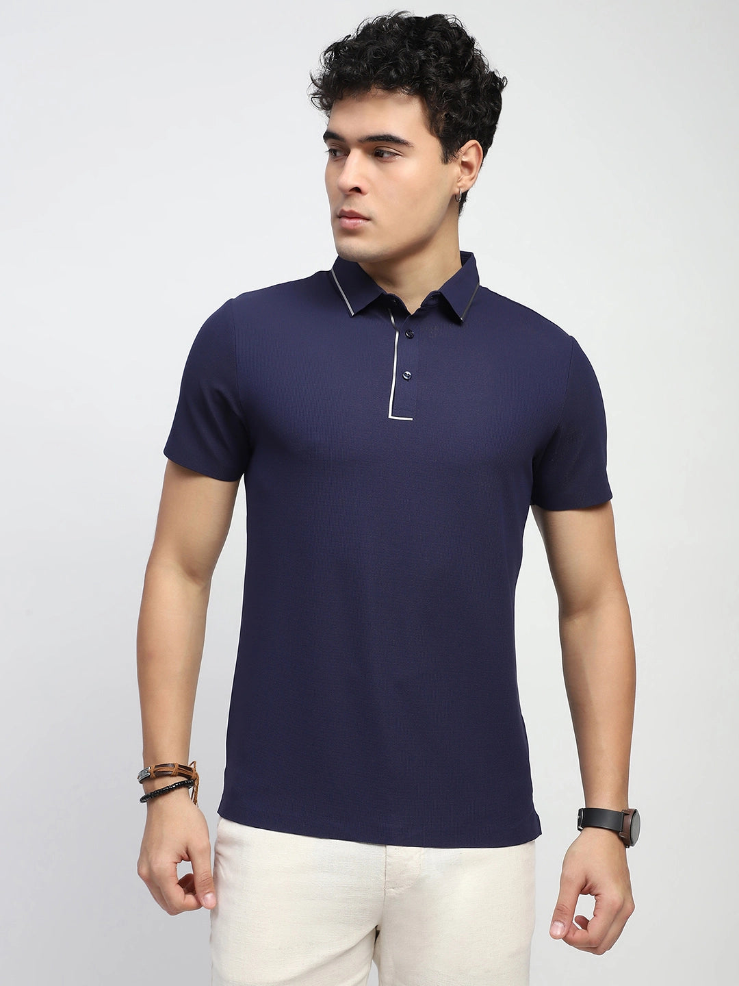 Navy Solid Nylon Polo T-Shirt - Global Republic