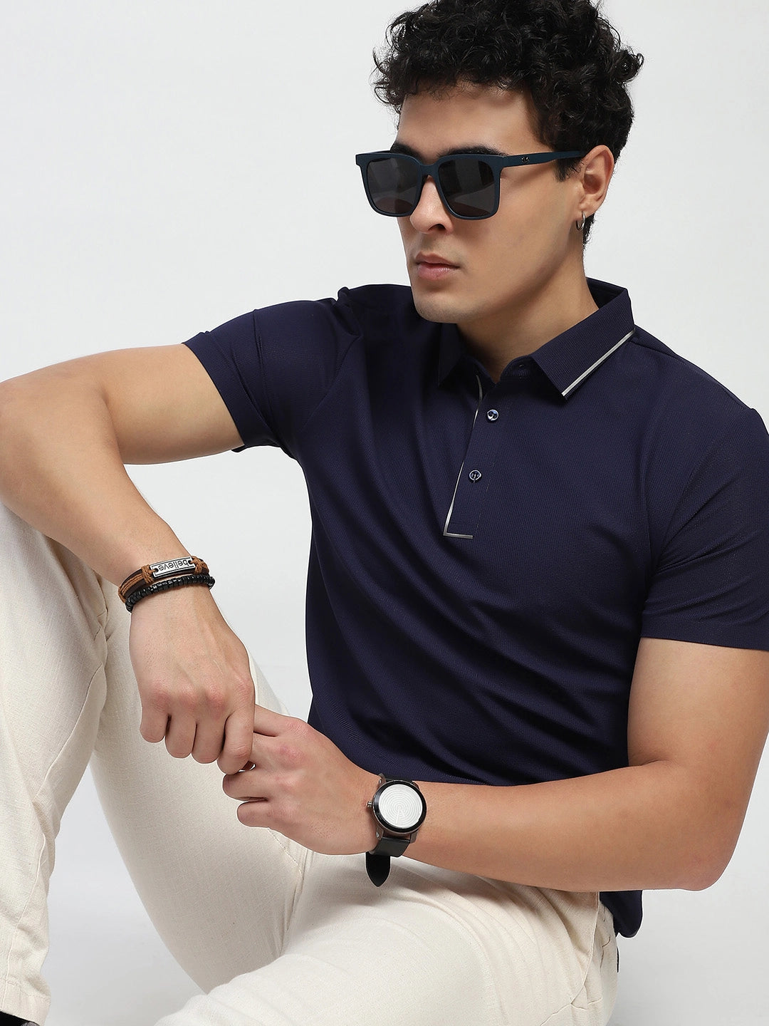 Navy Solid Nylon Polo T-Shirt - Global Republic