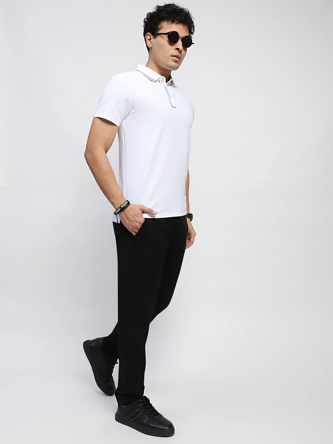 White Solid Nylon Polo T-Shirt - Global Republic