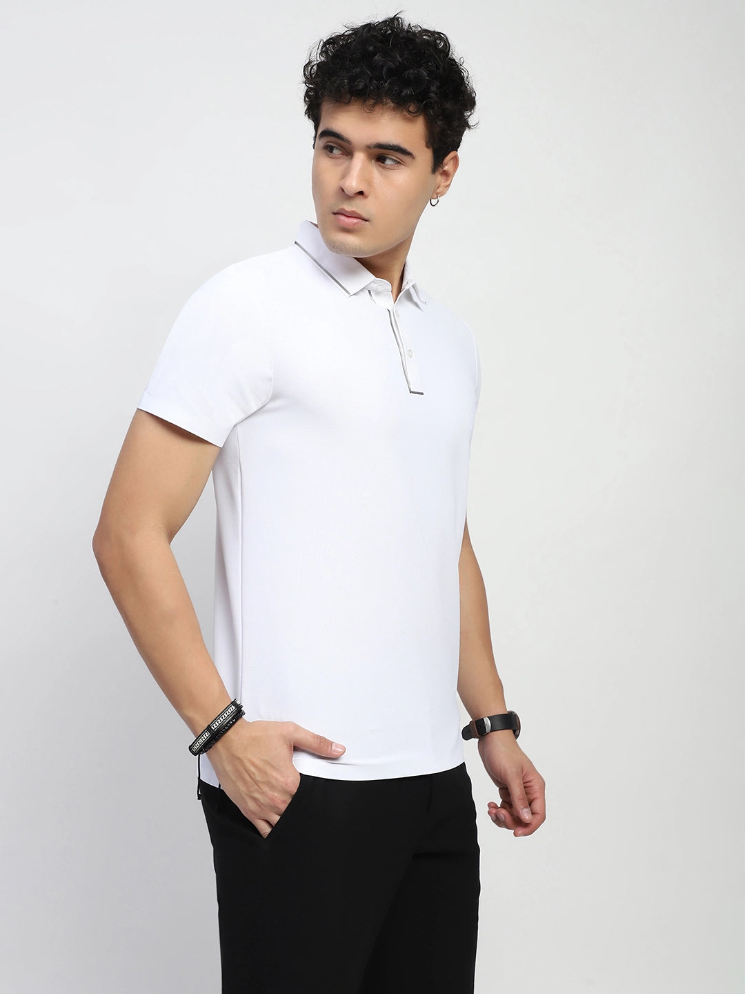 White Solid Nylon Polo T-Shirt - Global Republic