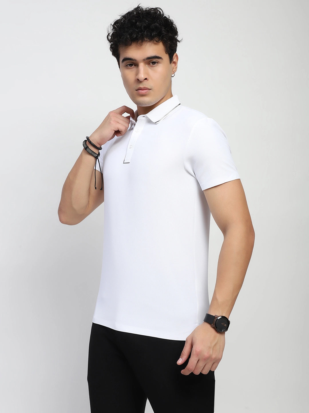 White Solid Nylon Polo T-Shirt - Global Republic
