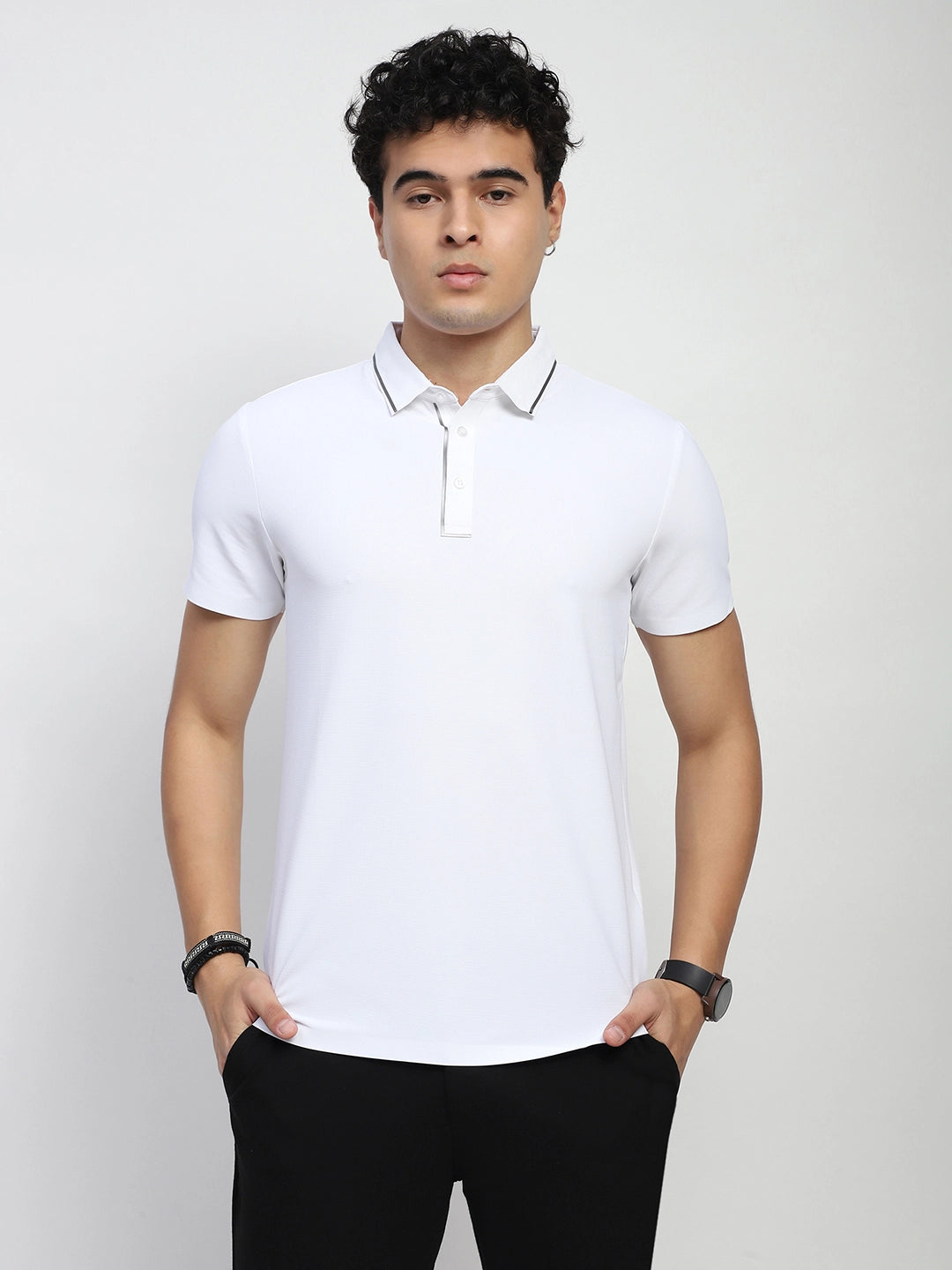 White Solid Nylon Polo T-Shirt - Global Republic