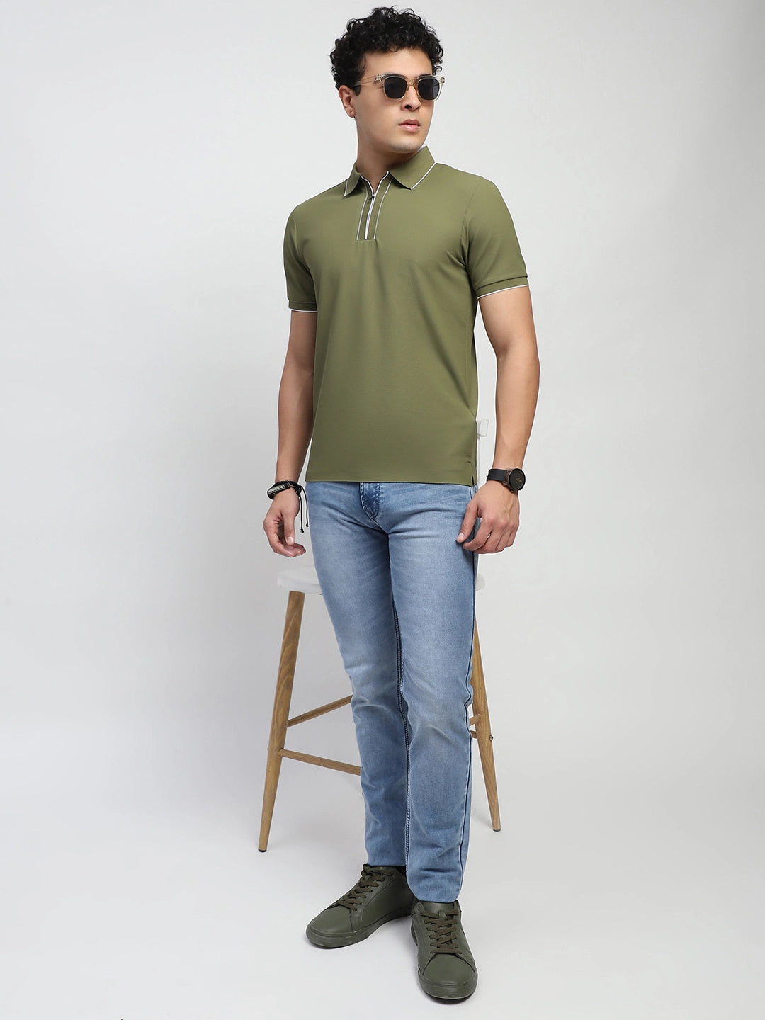 Olive Solid Nylon Blend Polo T-Shirt - Global Republic