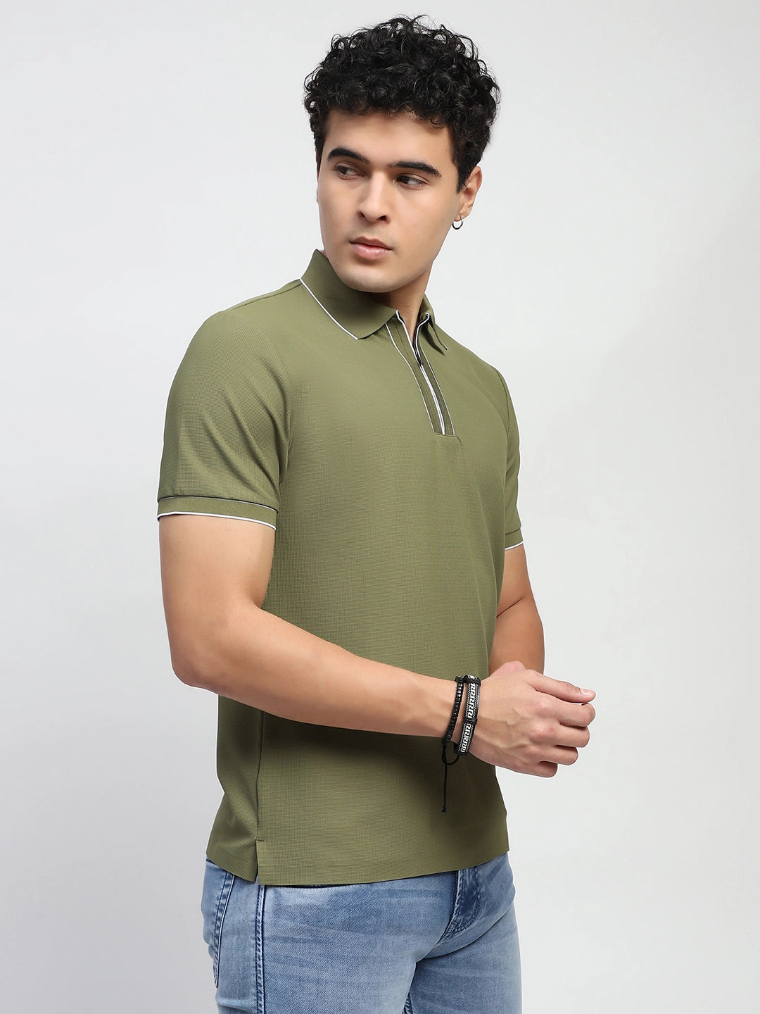 Olive Solid Nylon Blend Polo T-Shirt - Global Republic