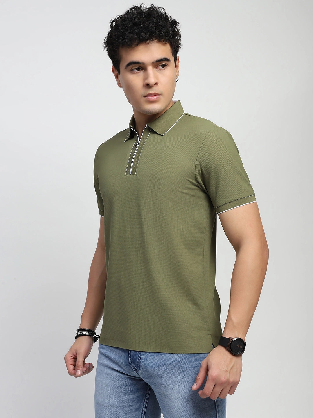 Olive Solid Nylon Blend Polo T-Shirt - Global Republic