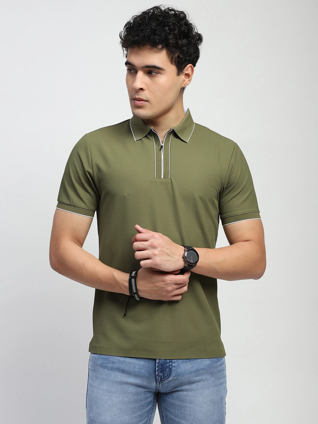 Olive Solid Nylon Blend Polo T-Shirt - Global Republic