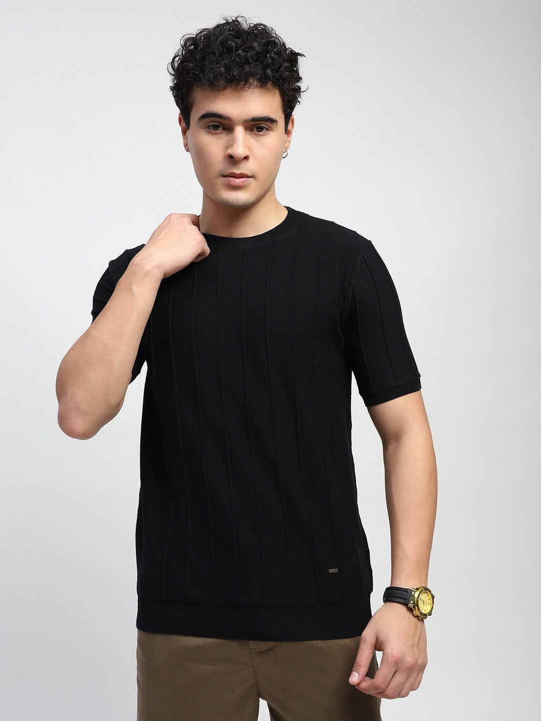 Knitted Self Striped Cotton T-Shirt - Global Republic