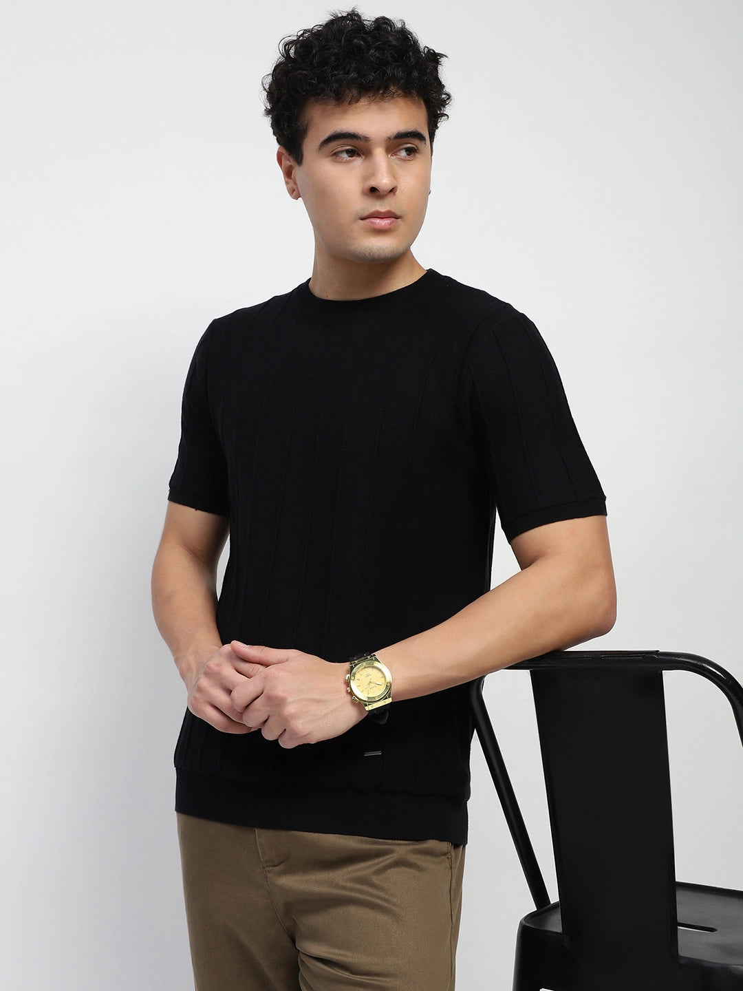 Knitted Self Striped Cotton T-Shirt - Global Republic