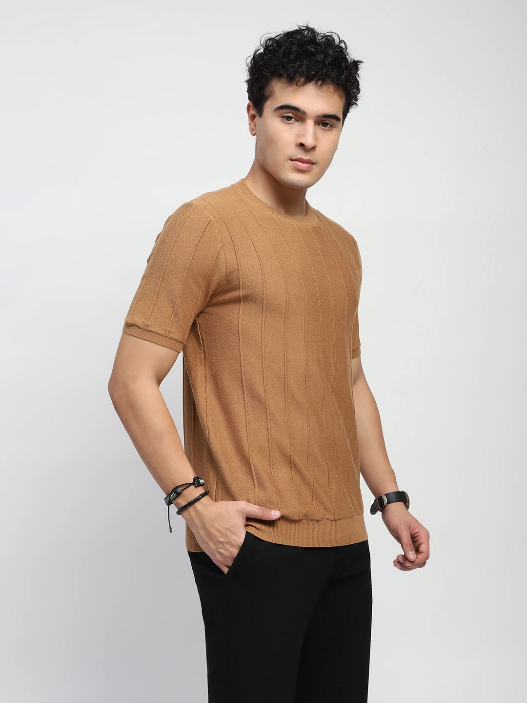 Brown Knitted Textured T-Shirt - Global Republic