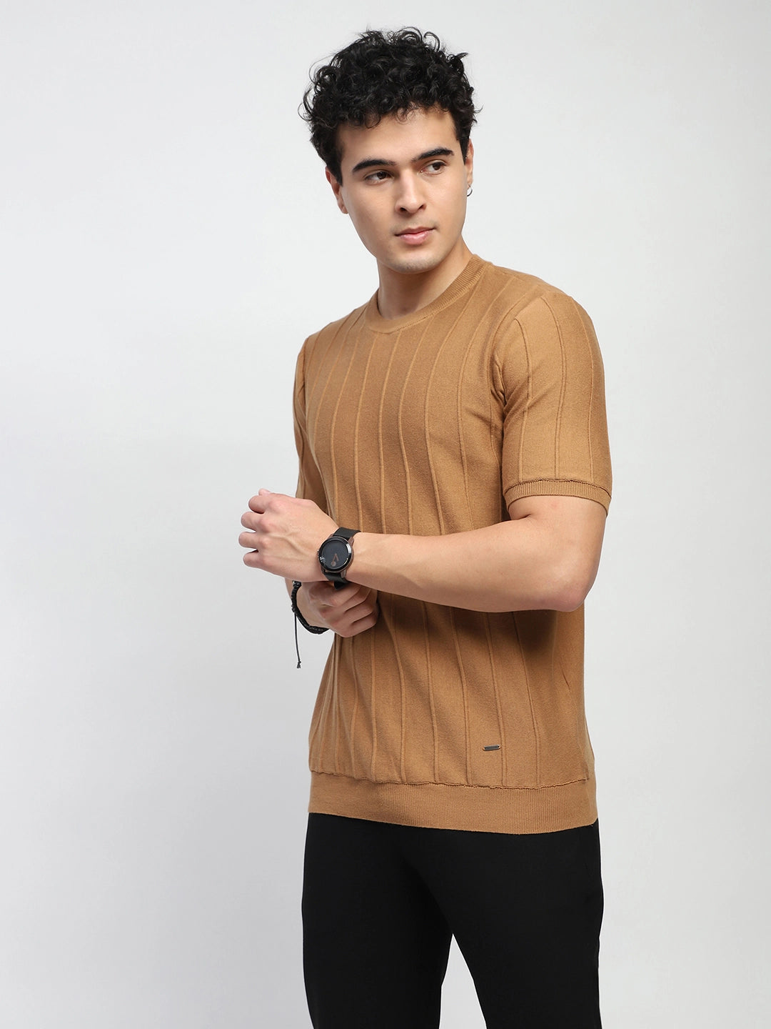 Brown Knitted Textured T-Shirt - Global Republic
