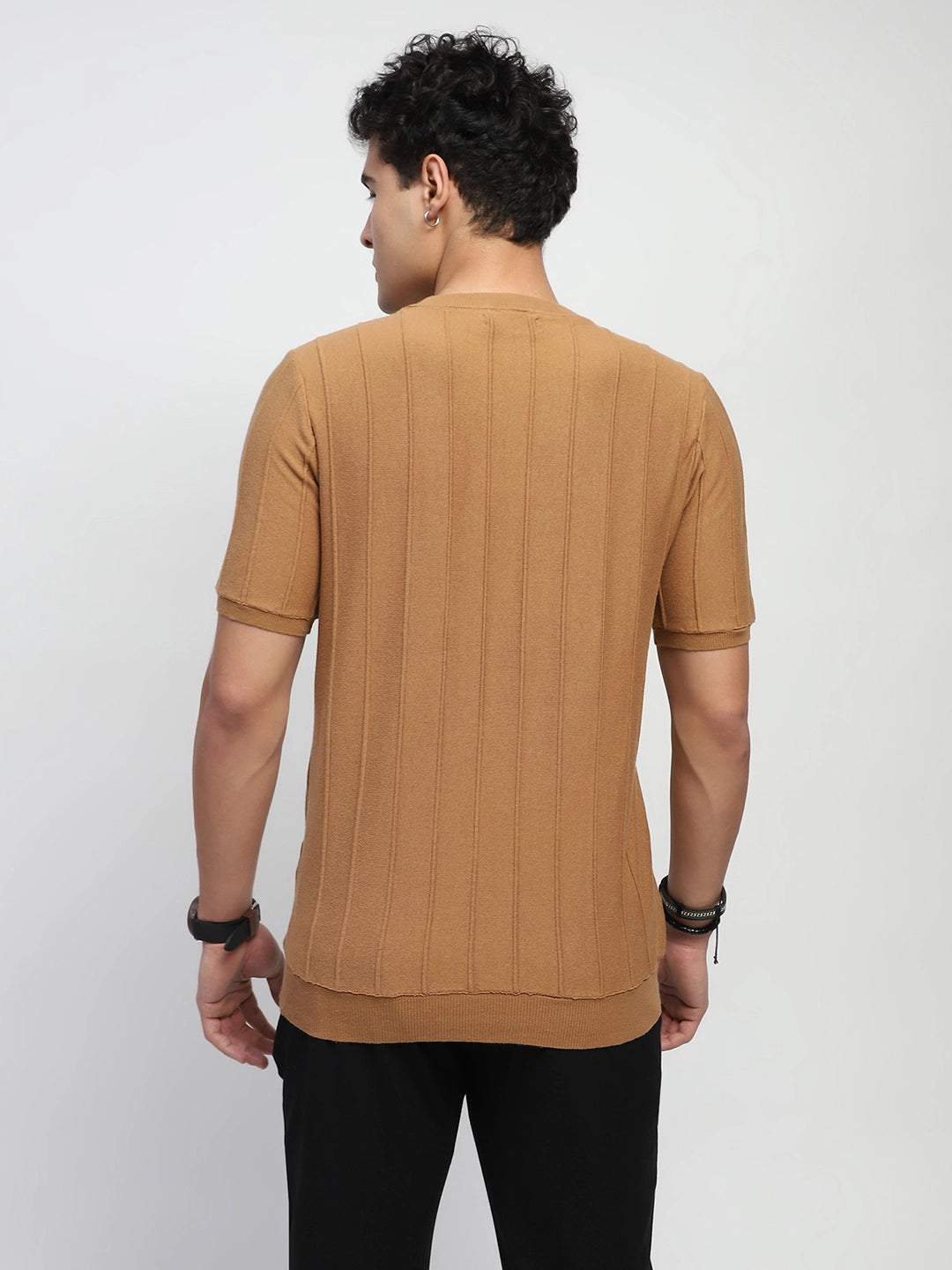 Brown Knitted Textured T-Shirt - Global Republic