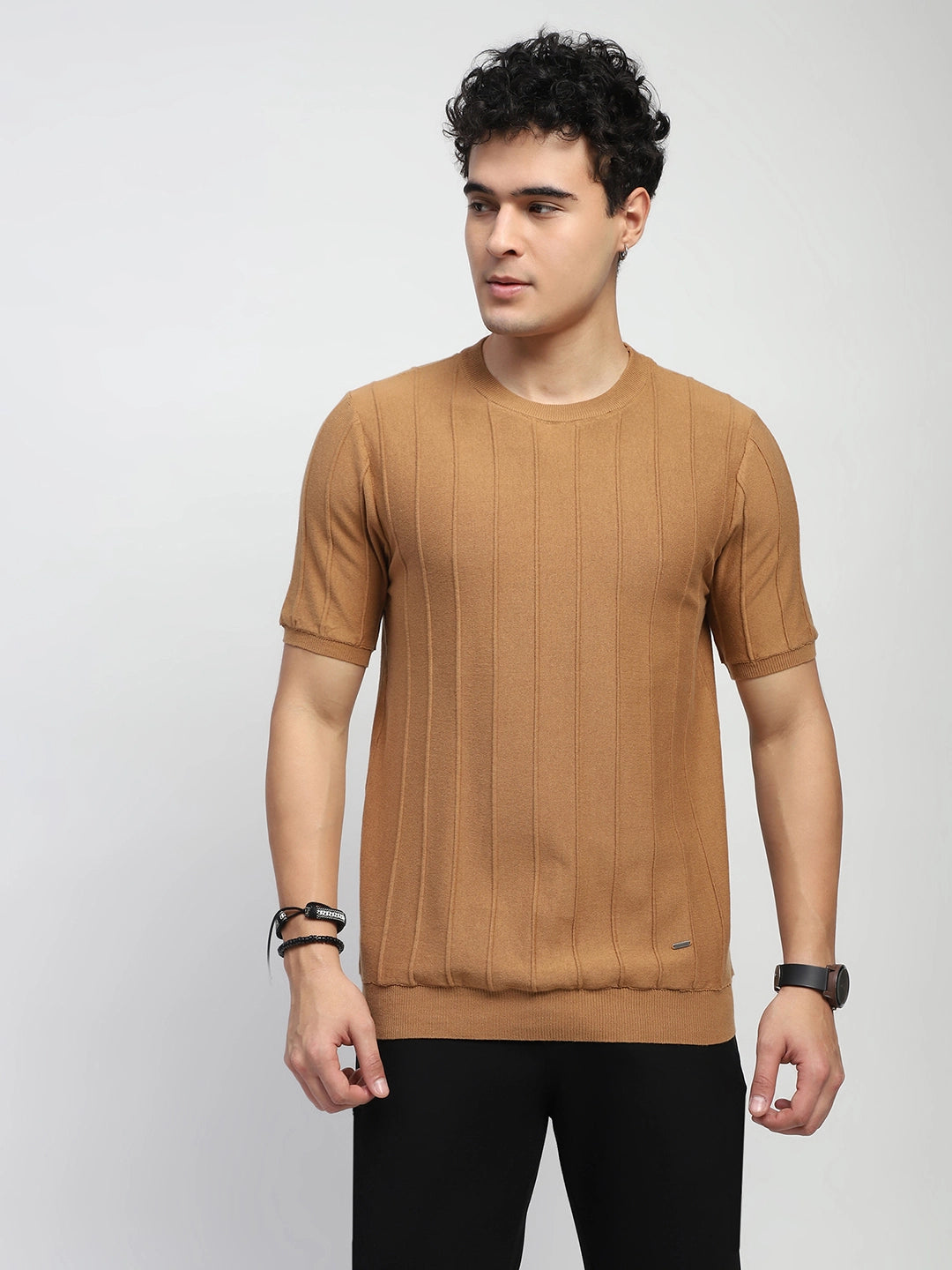 Brown Knitted Textured T-Shirt - Global Republic
