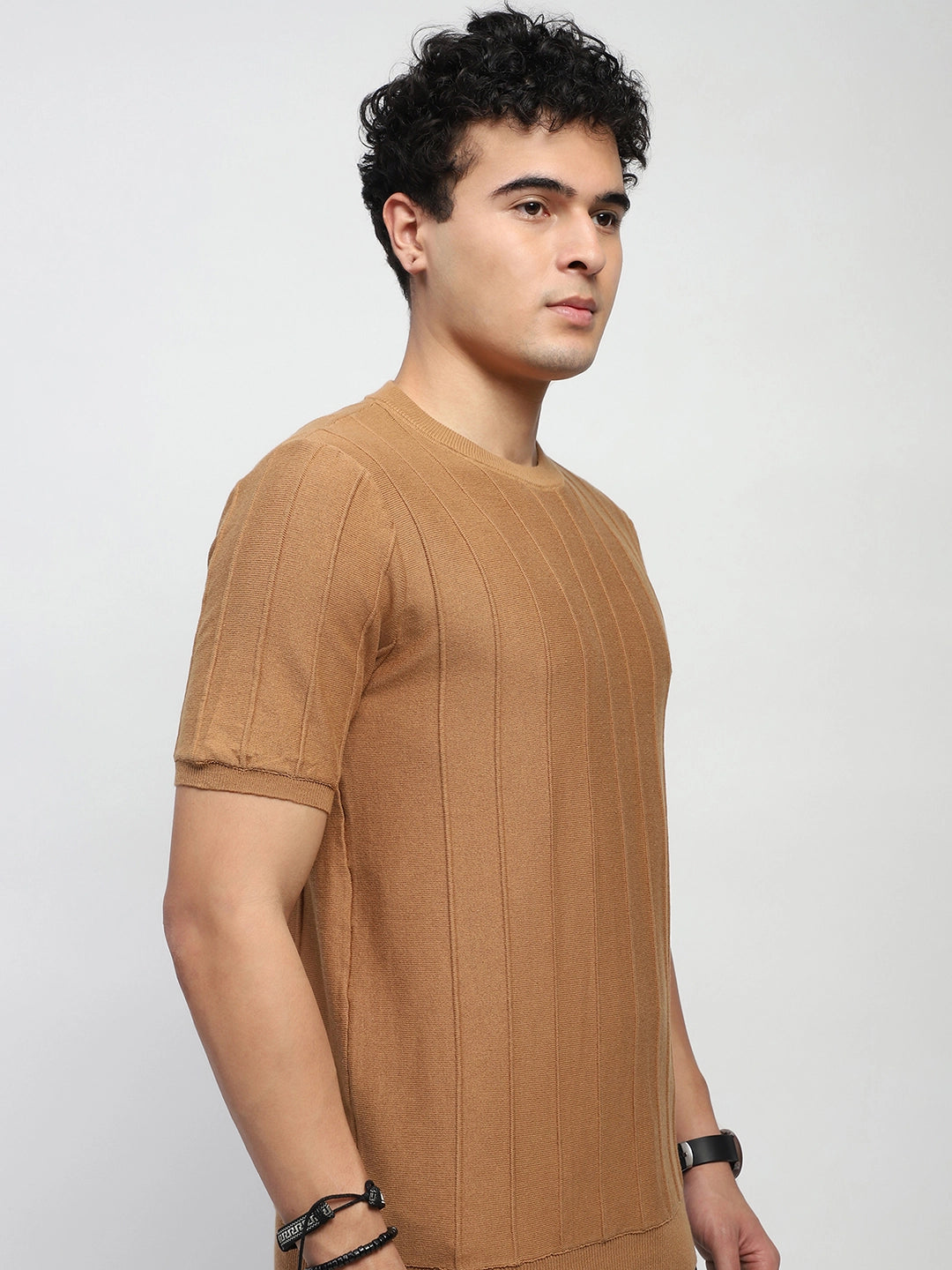Brown Knitted Textured T-Shirt - Global Republic