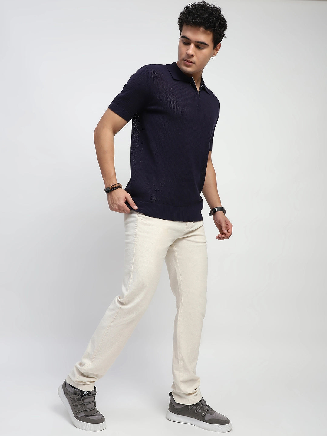 Navy Self Design Cotton Polo T-Shirt - Global Republic