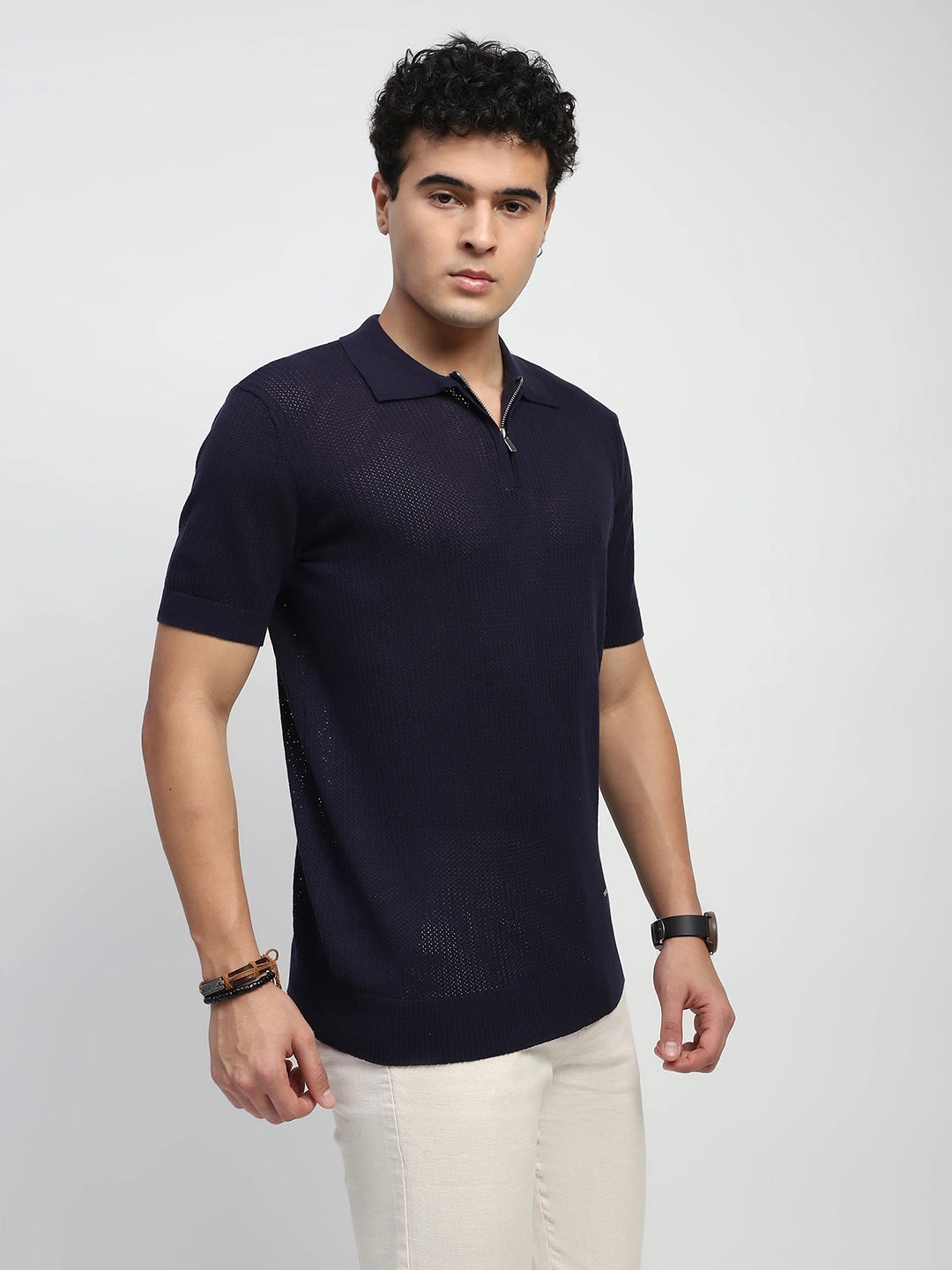 Navy Self Design Cotton Polo T-Shirt - Global Republic