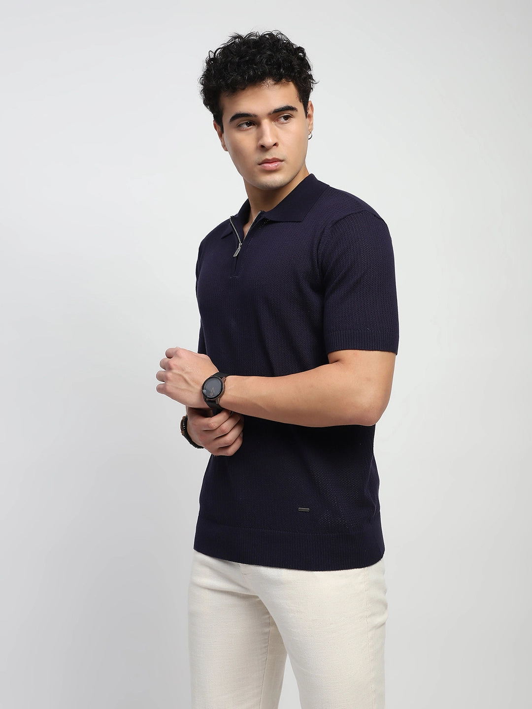 Navy Self Design Cotton Polo T-Shirt - Global Republic