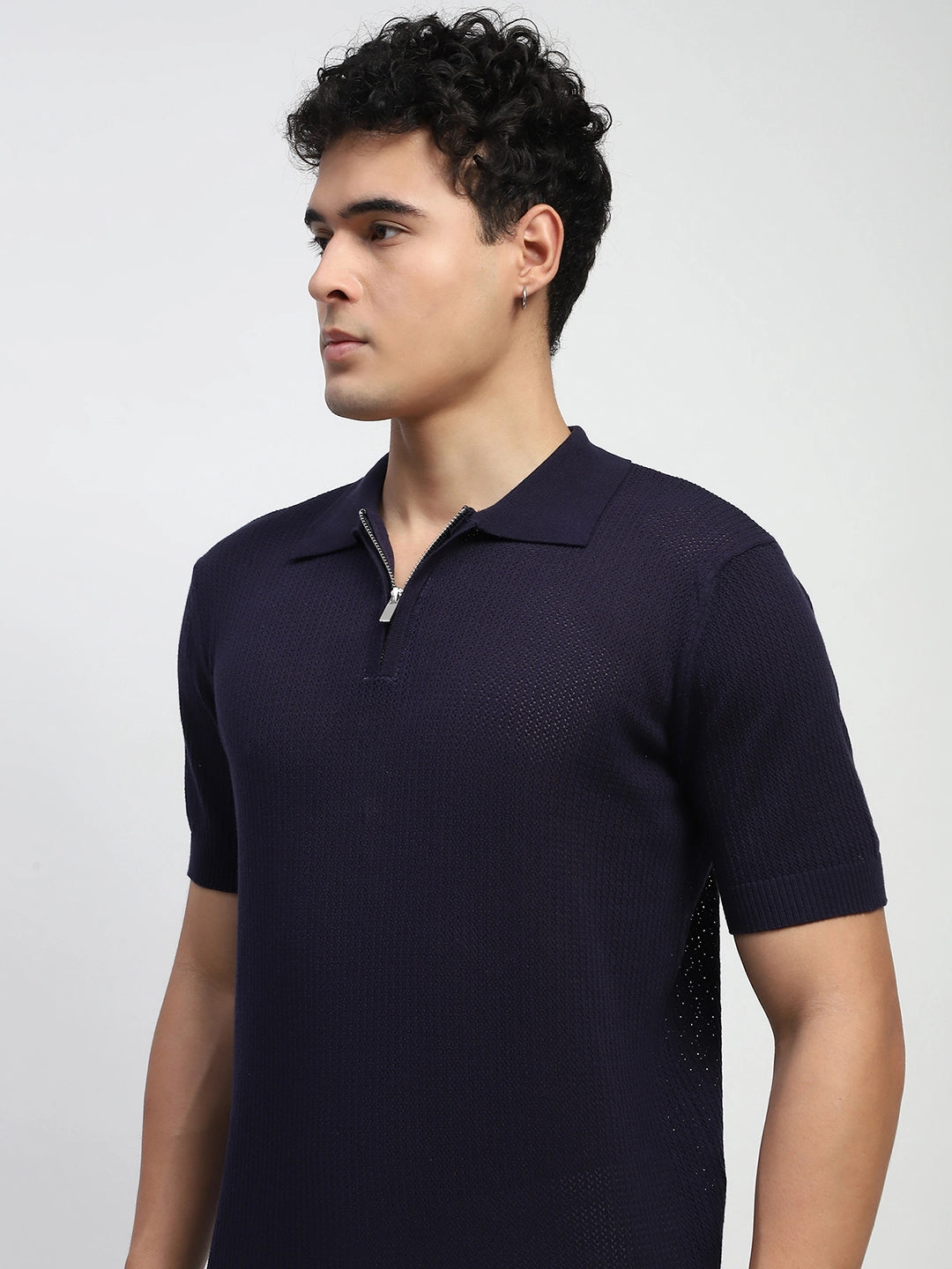Navy Self Design Cotton Polo T-Shirt - Global Republic