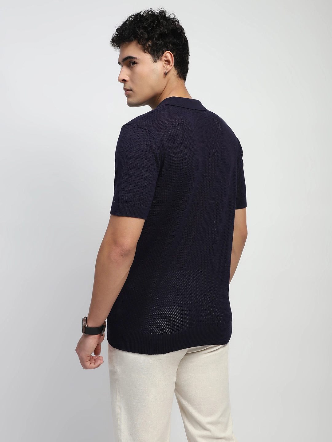 Navy Self Design Cotton Polo T-Shirt - Global Republic