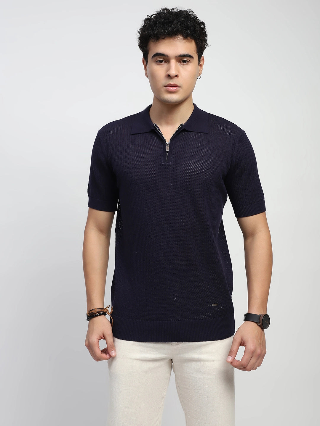 Navy Self Design Cotton Polo T-Shirt - Global Republic