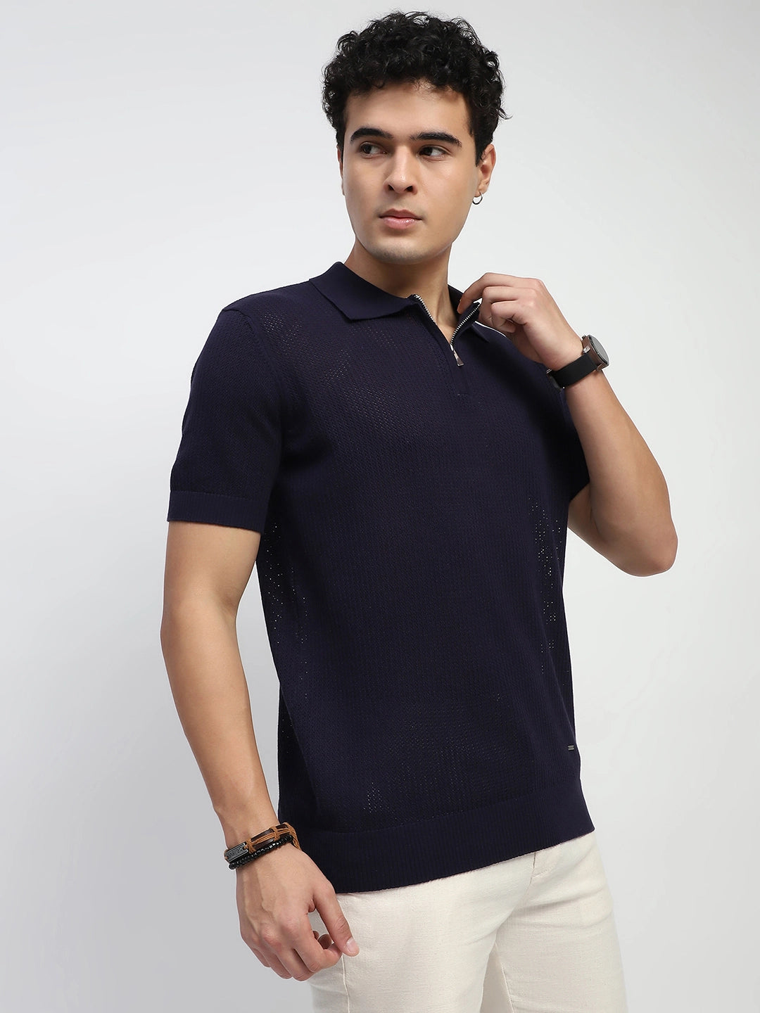 Navy Self Design Cotton Polo T-Shirt - Global Republic