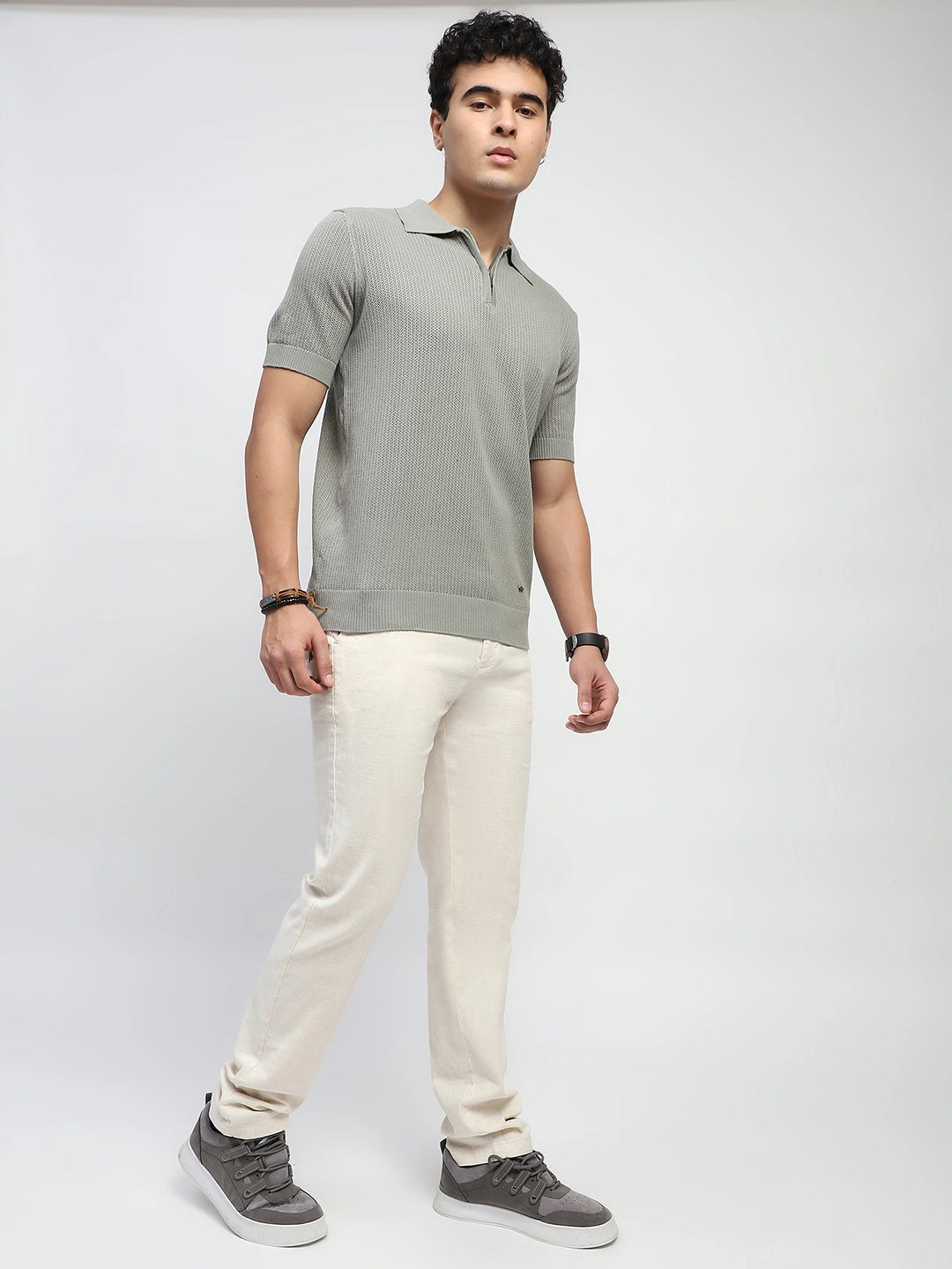 Grey Self Design Cotton Polo T-Shirt - Global Republic