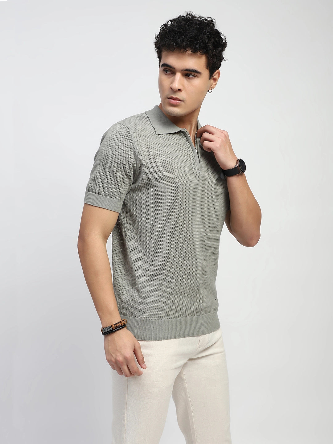 Grey Self Design Cotton Polo T-Shirt - Global Republic