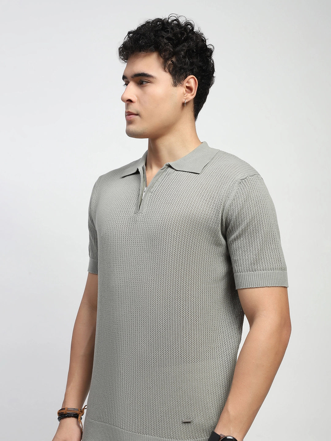 Grey Self Design Cotton Polo T-Shirt - Global Republic