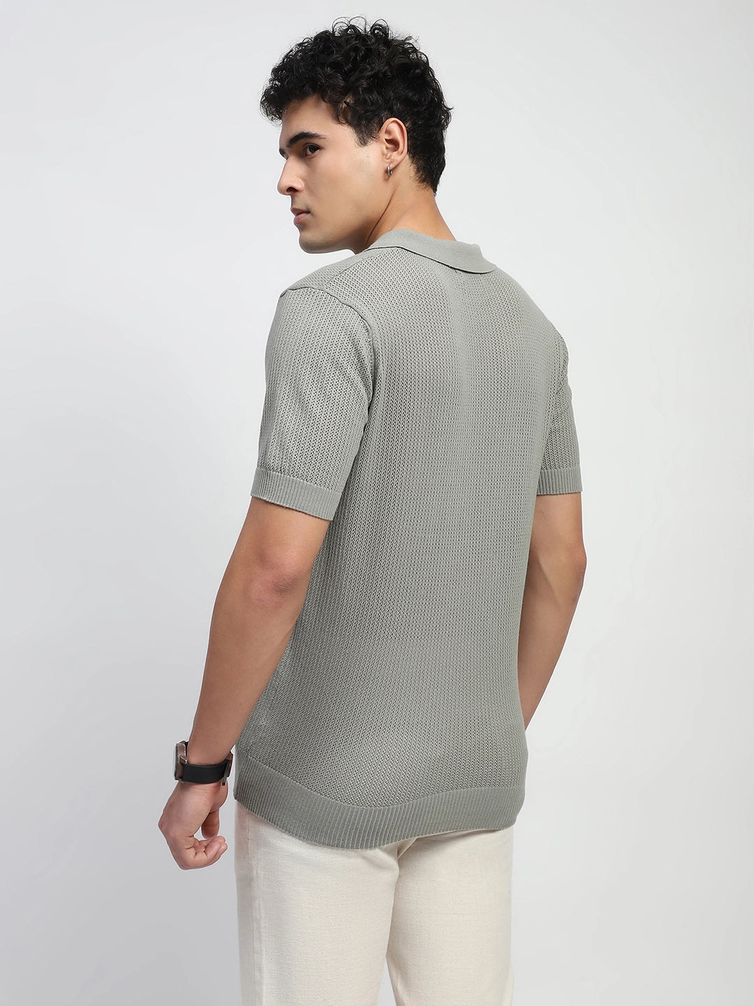 Grey Self Design Cotton Polo T-Shirt - Global Republic