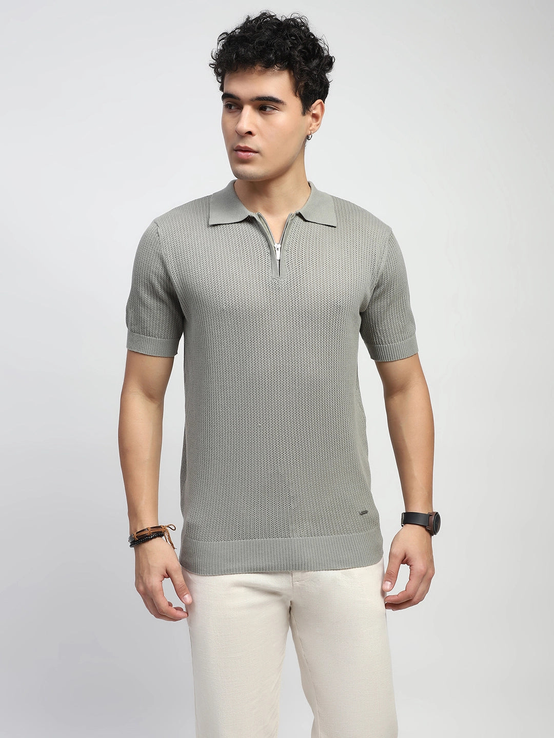 Grey Self Design Cotton Polo T-Shirt - Global Republic