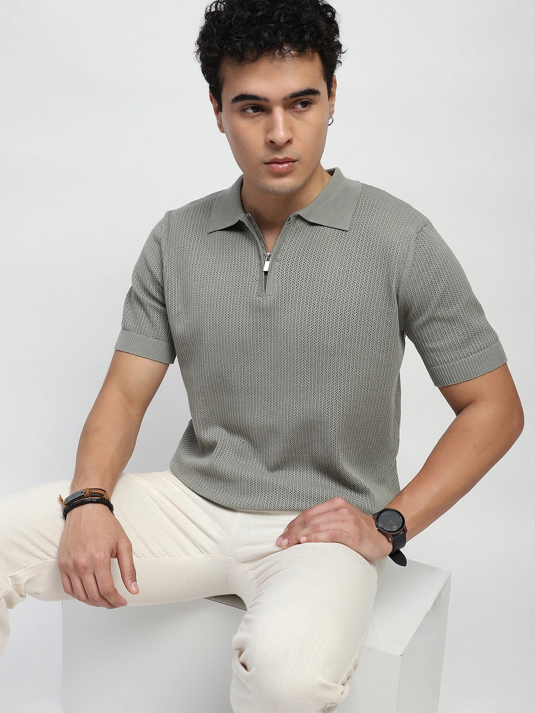 Grey Self Design Cotton Polo T-Shirt - Global Republic