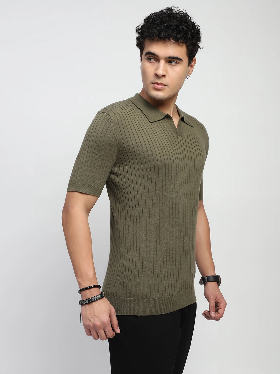 Olive Knitted Cotton Ribbed T-Shirt - Global Republic