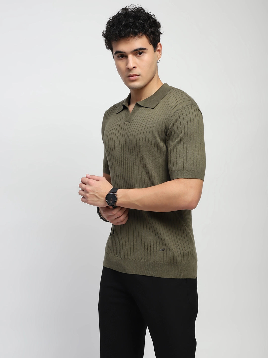 Olive Knitted Cotton Ribbed T-Shirt - Global Republic