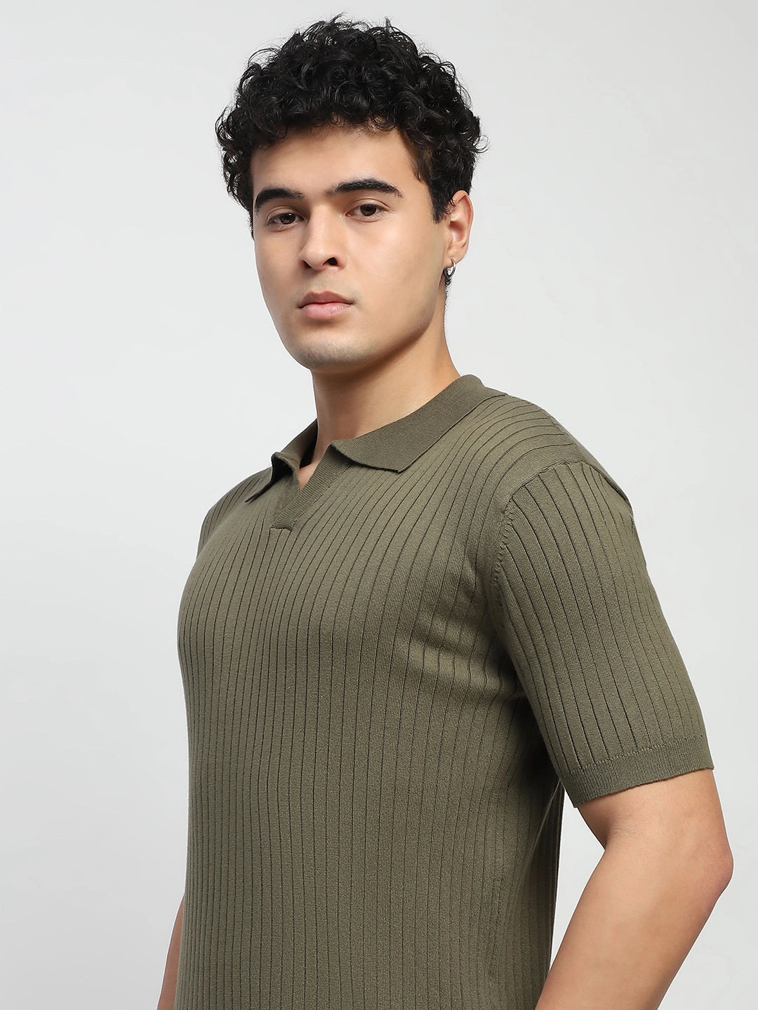 Olive Knitted Cotton Ribbed T-Shirt - Global Republic