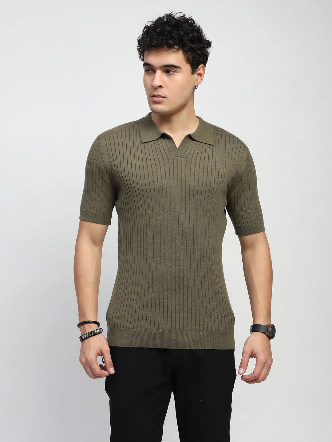 Olive Knitted Cotton Ribbed T-Shirt - Global Republic