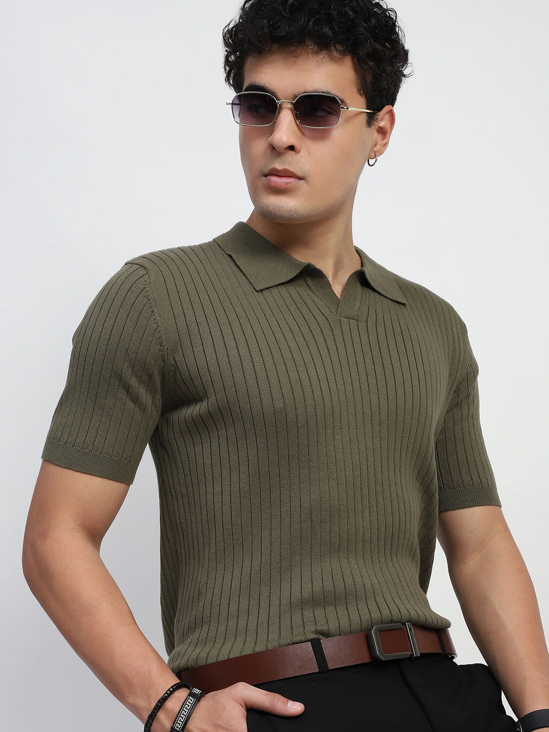 Olive Knitted Cotton Ribbed T-Shirt - Global Republic