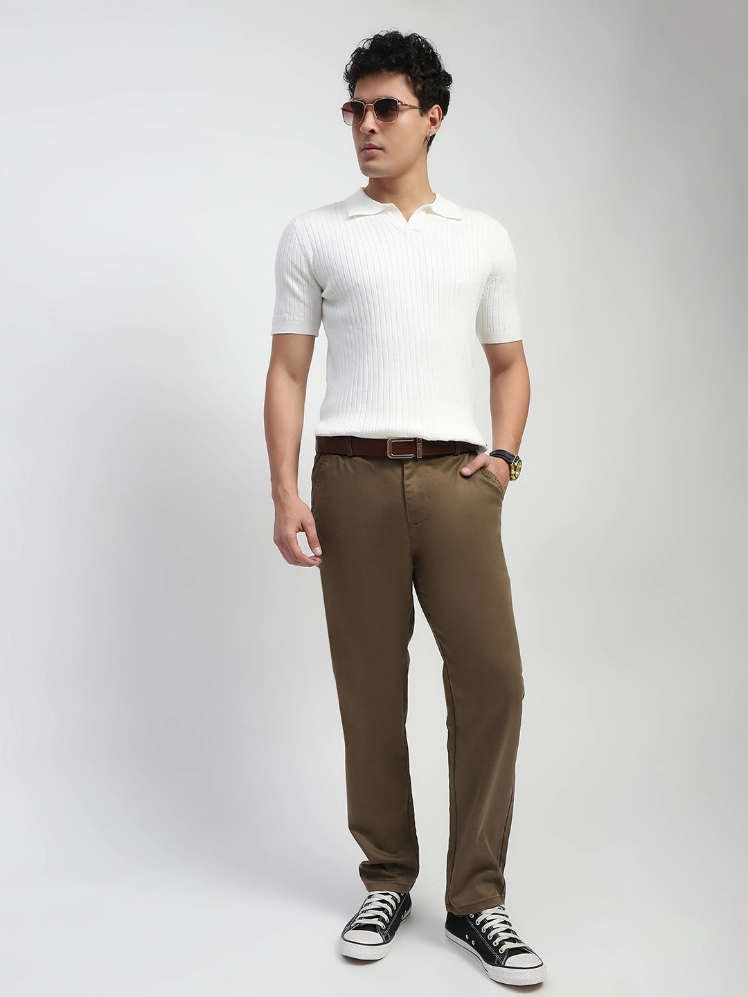 White Self Stripes Cotton Knit T-Shirt - Global Republic