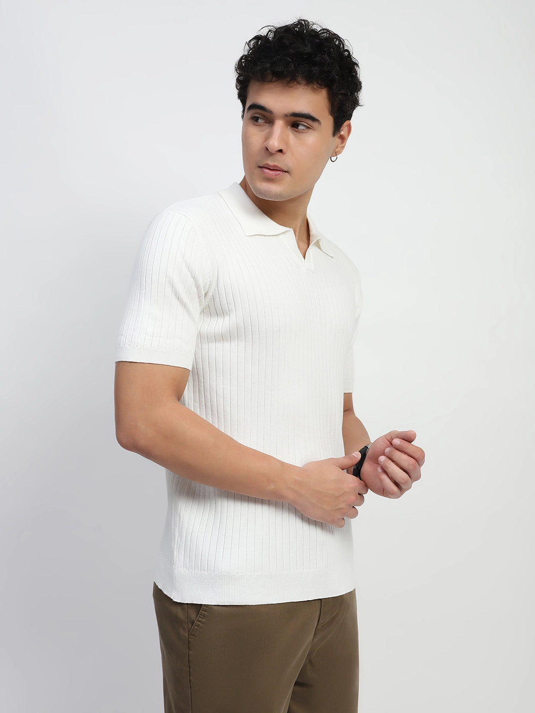 White Self Stripes Cotton Knit T-Shirt - Global Republic