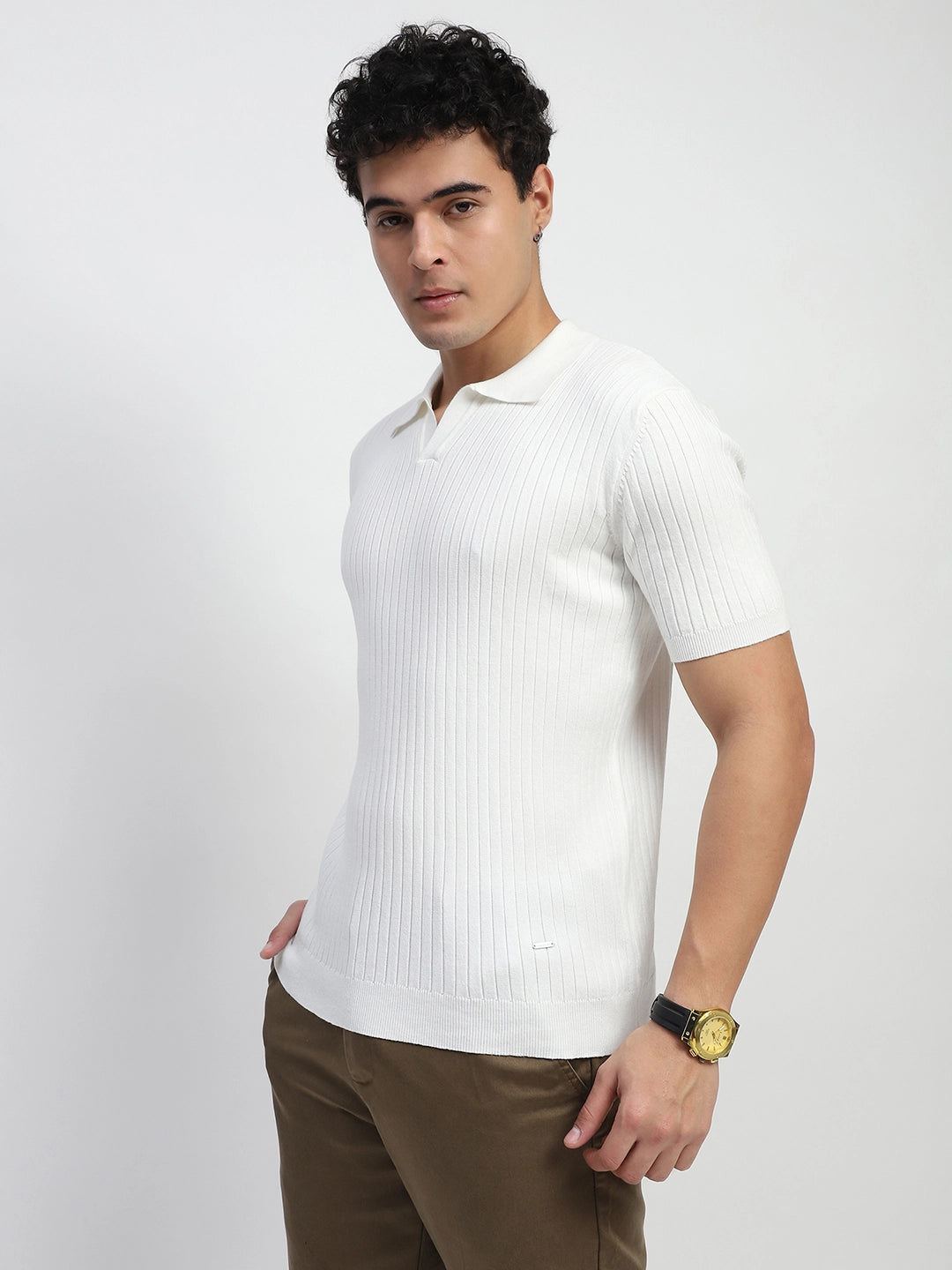 White Self Stripes Cotton Knit T-Shirt - Global Republic