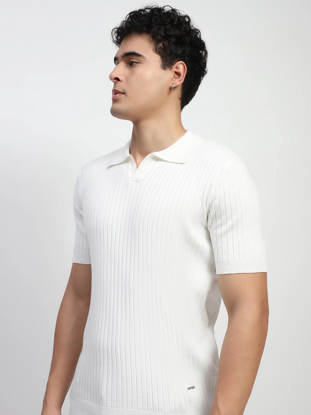 White Self Stripes Cotton Knit T-Shirt - Global Republic