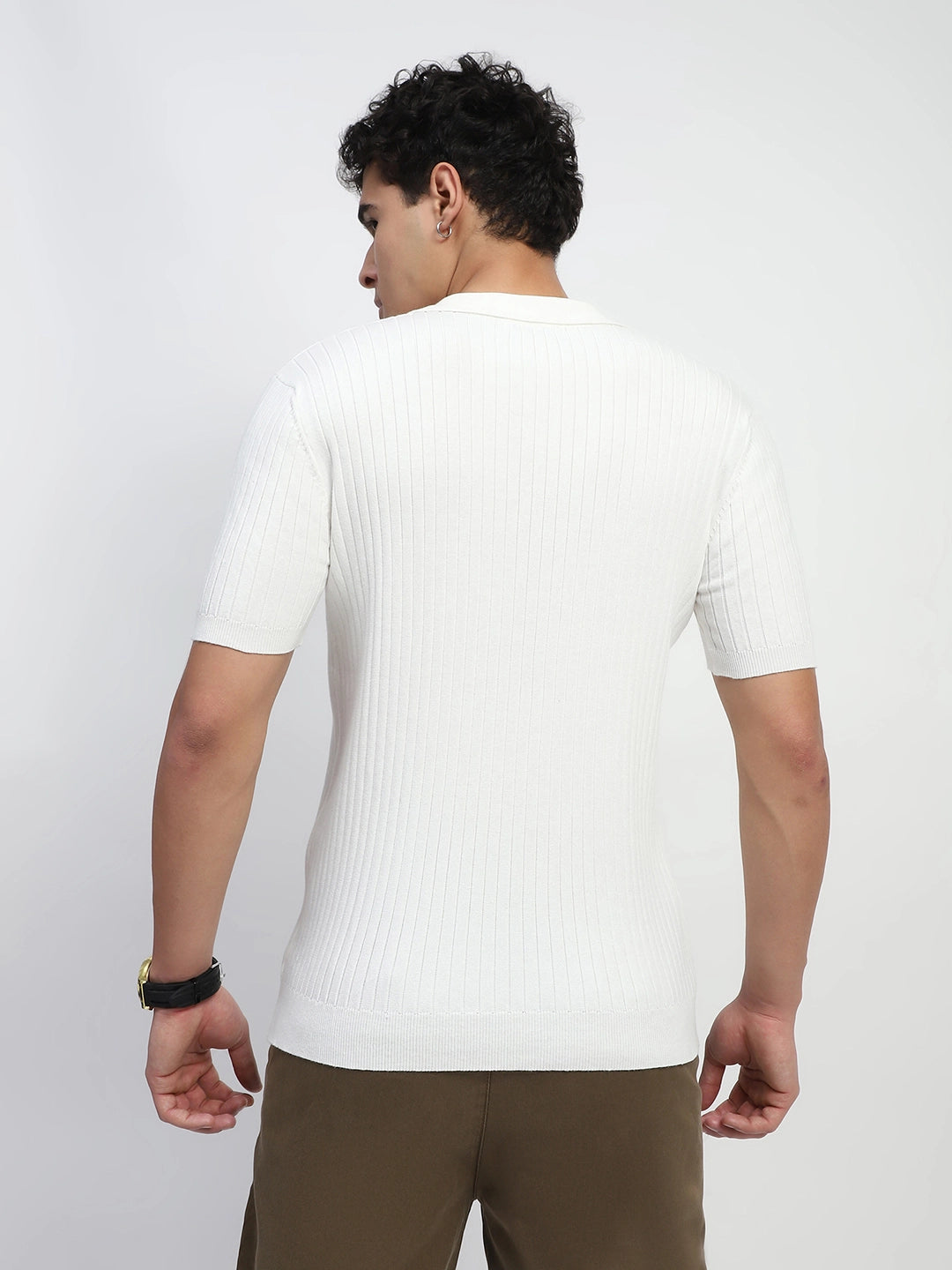 White Self Stripes Cotton Knit T-Shirt - Global Republic