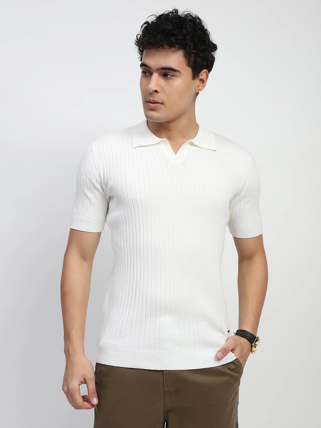 White Self Stripes Cotton Knit T-Shirt - Global Republic