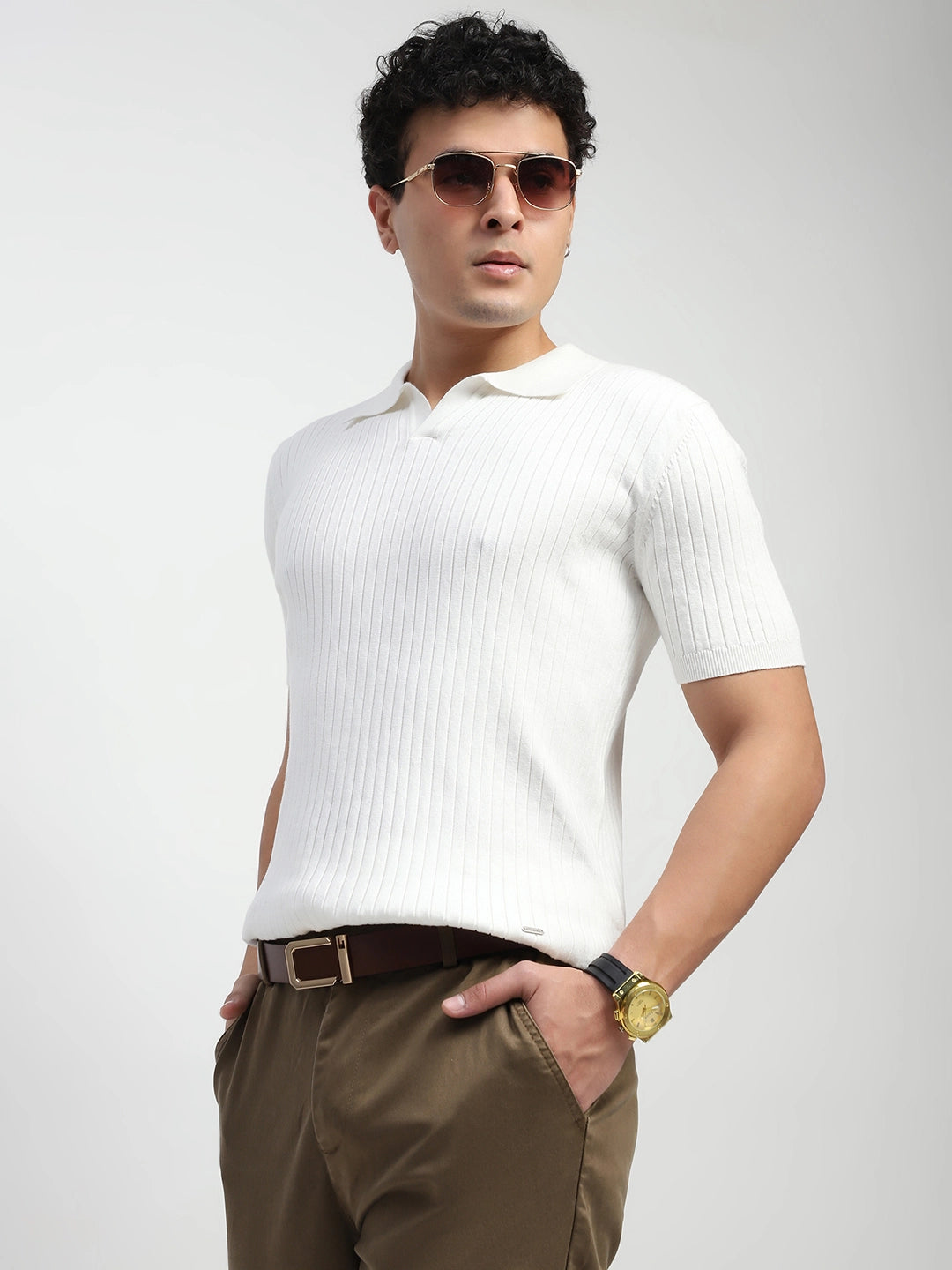 White Self Stripes Cotton Knit T-Shirt - Global Republic