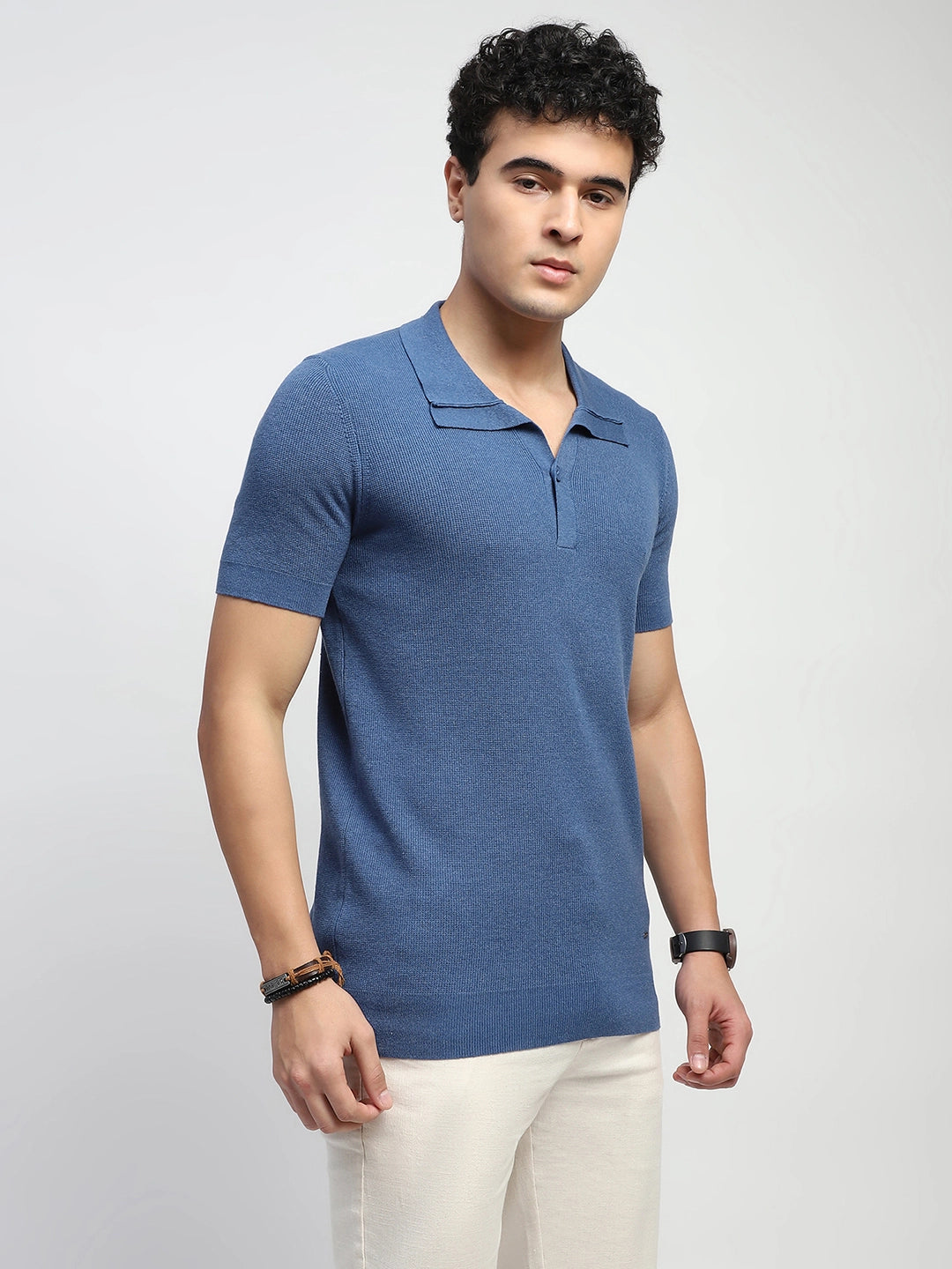 Blue Self Design Cotton T-Shirt - Global Republic