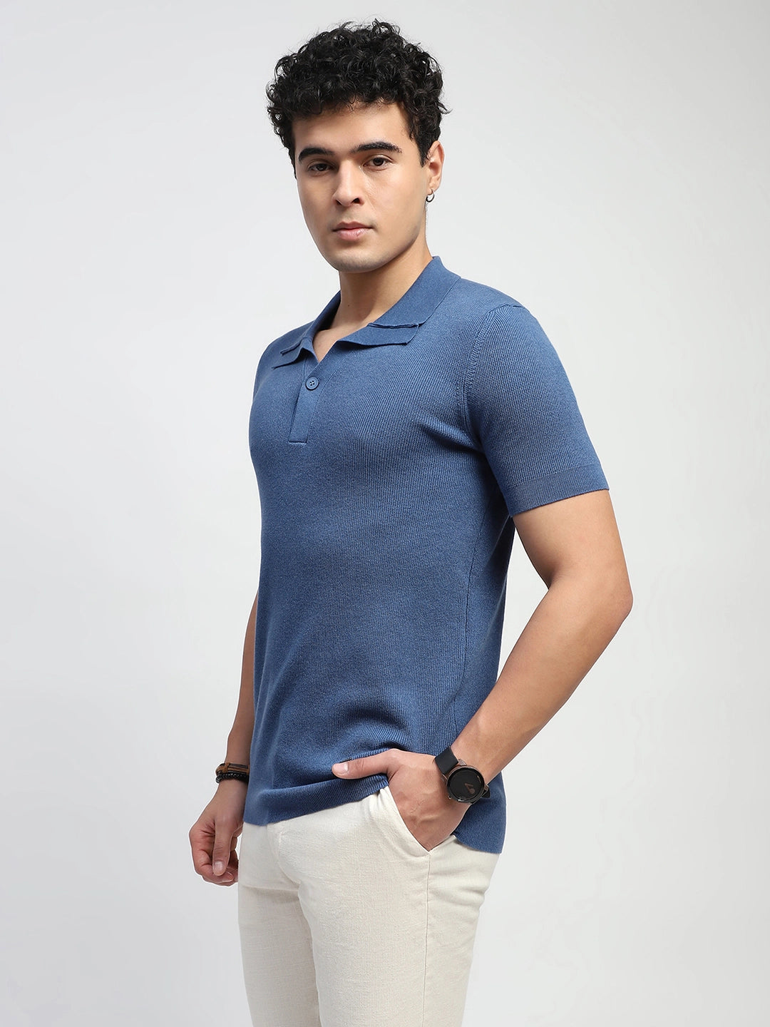 Blue Self Design Cotton T-Shirt - Global Republic