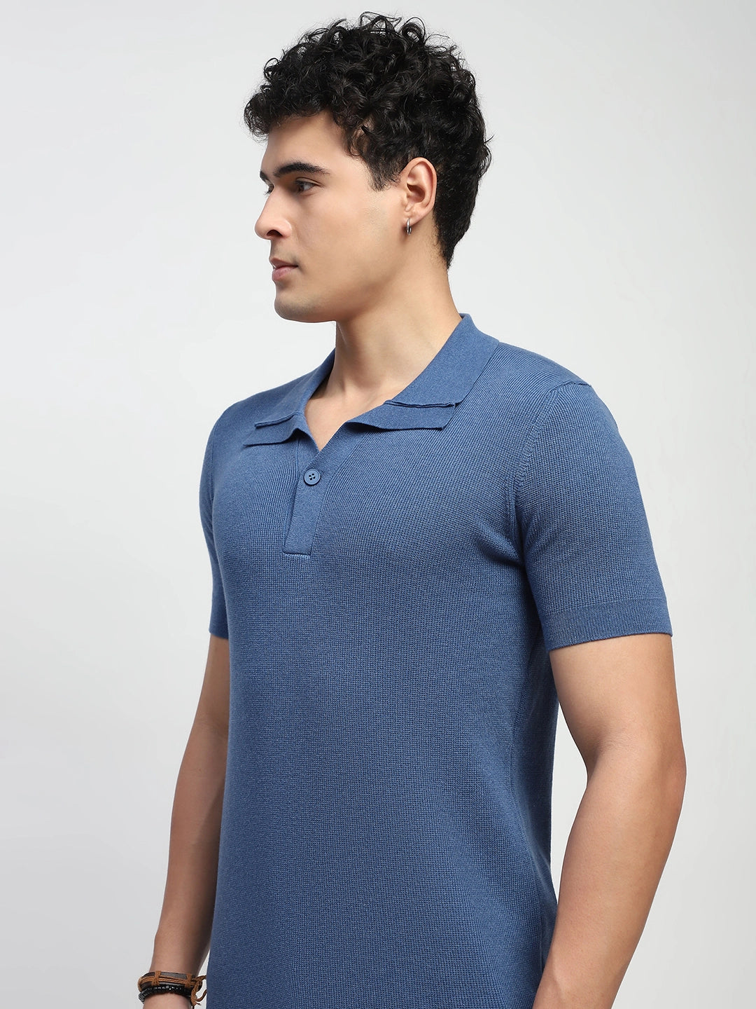 Blue Self Design Cotton T-Shirt - Global Republic