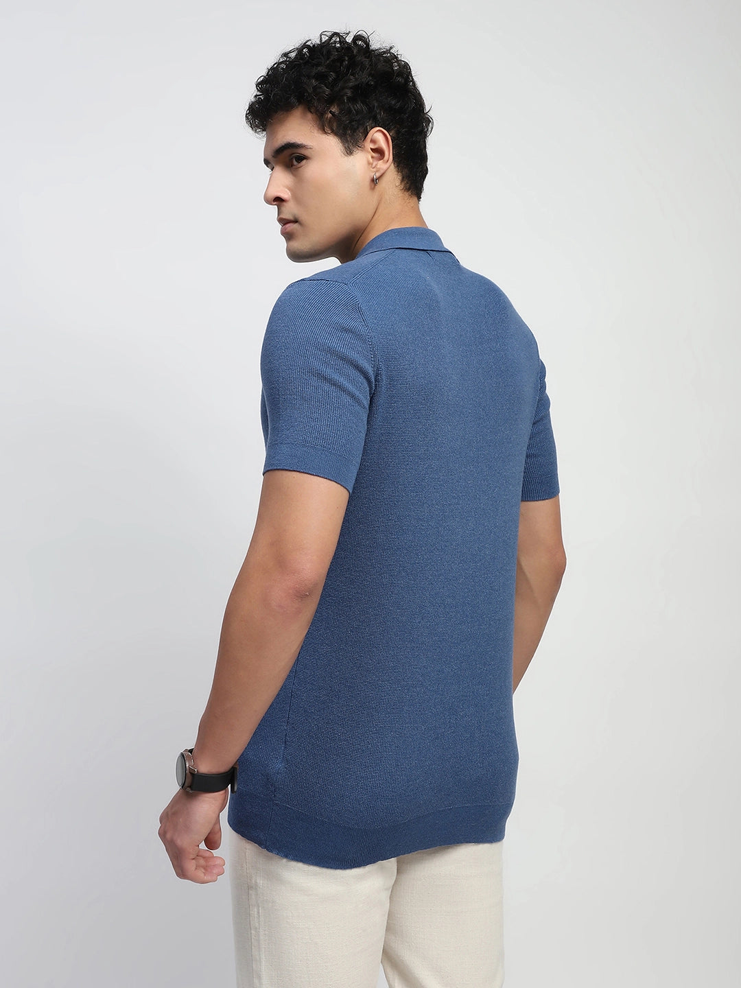 Blue Self Design Cotton T-Shirt - Global Republic